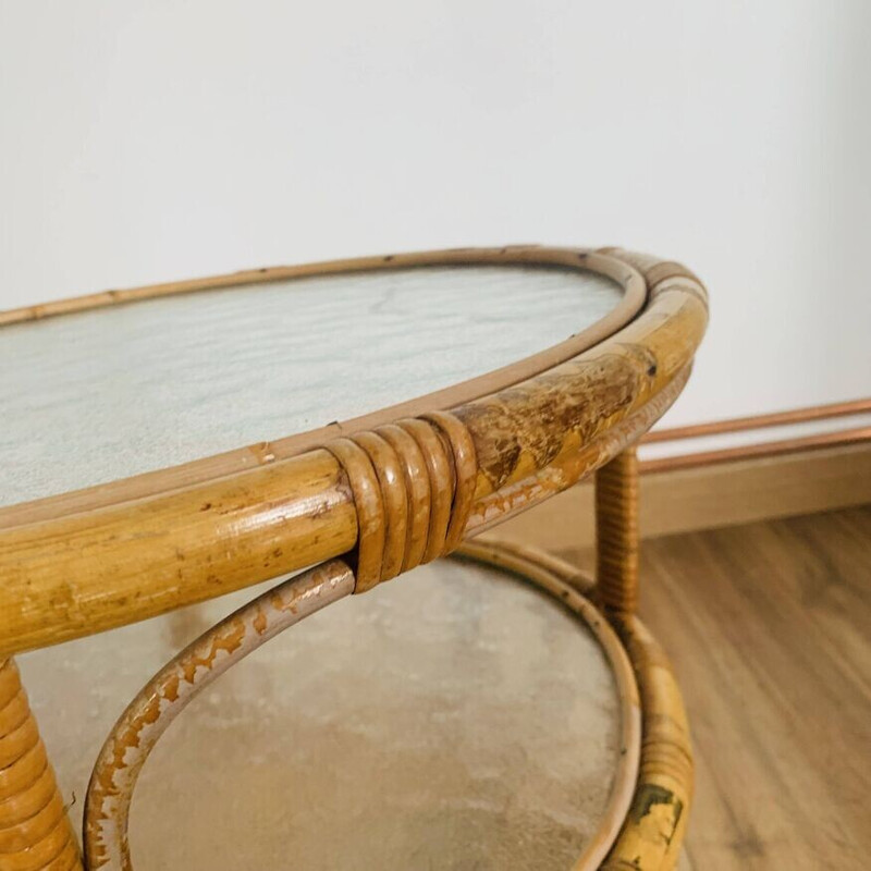 Table basse vintage en rotin et verre pour Rohé Noordwolde, 1950