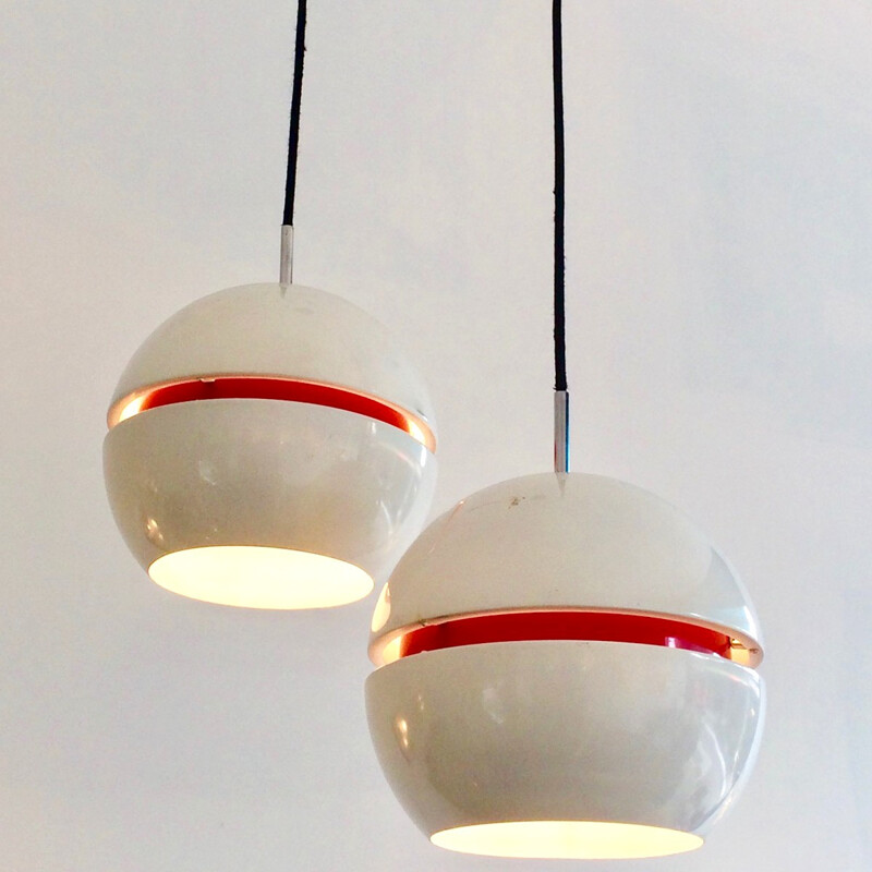 Double hanging lamp in red and white, Stilnovo edition - 1950s