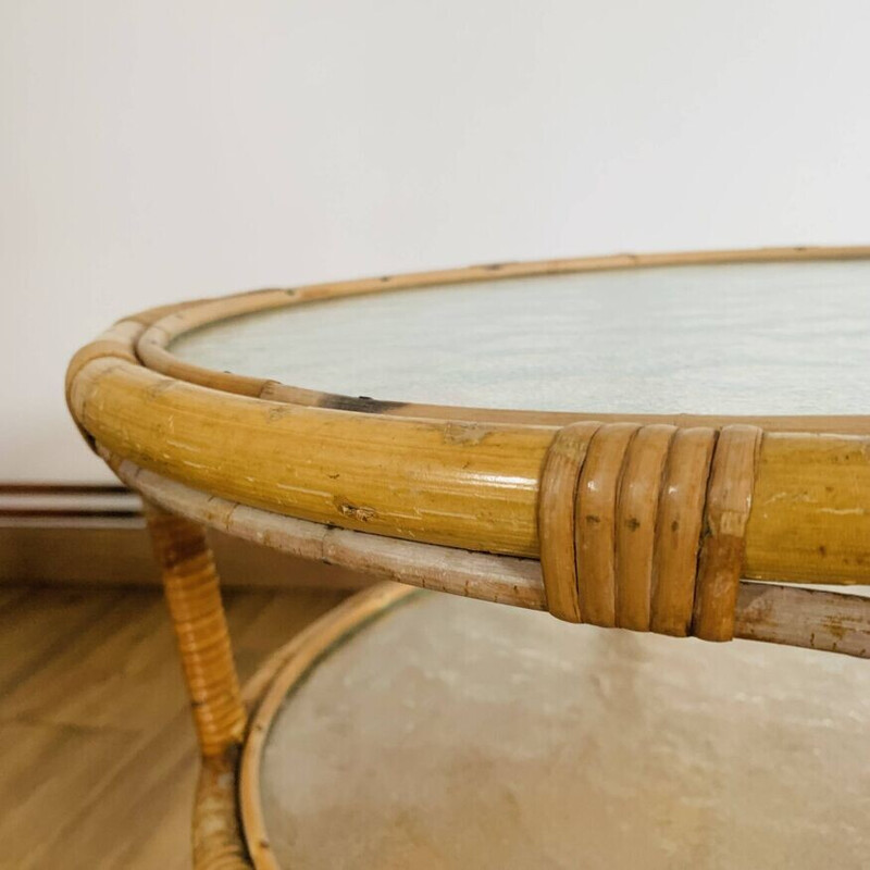 Table basse vintage en rotin et verre pour Rohé Noordwolde, 1950