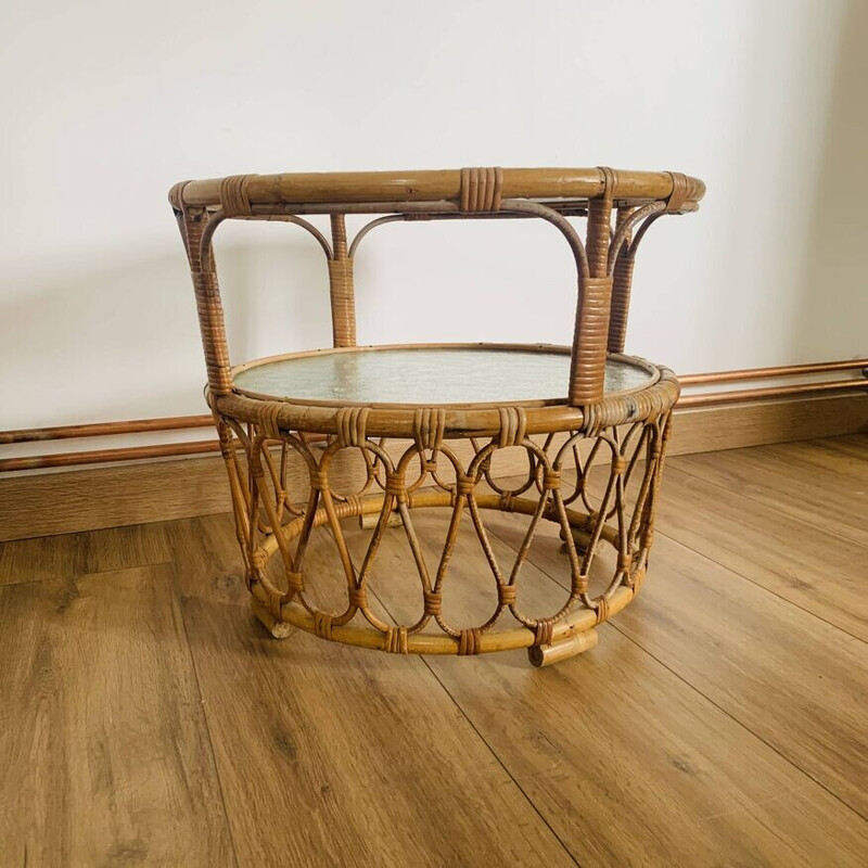 Table basse vintage en rotin et verre pour Rohé Noordwolde, 1950