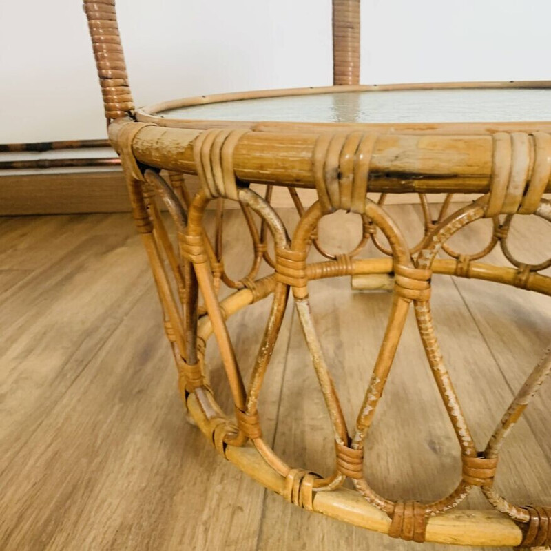 Table basse vintage en rotin et verre pour Rohé Noordwolde, 1950