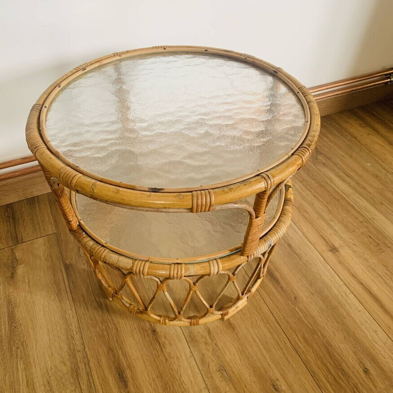 Vintage rattan and glass coffee table for Rohé Noordwolde, 1950