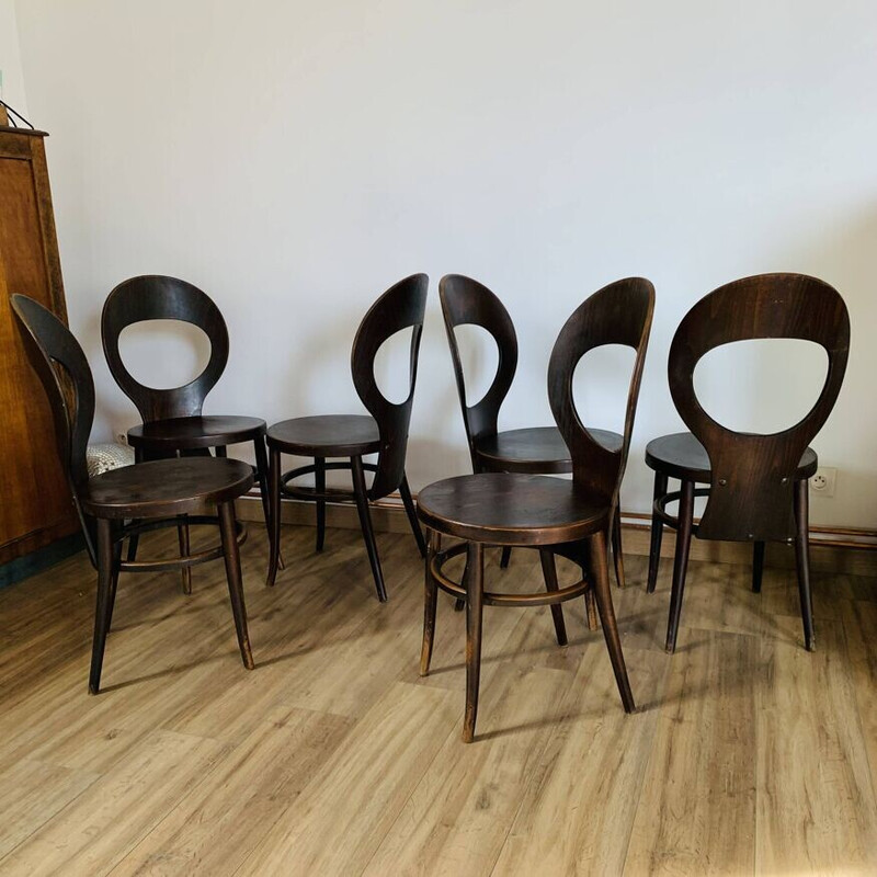 Set of 6 vintage Baumann "seagull" chairs in brown beech and plywood