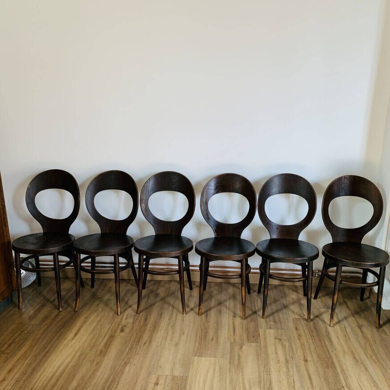 Set of 6 vintage Baumann "seagull" chairs in brown beech and plywood