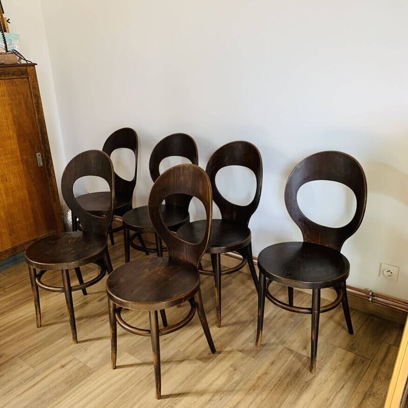 Set of 6 vintage Baumann "seagull" chairs in brown beech and plywood