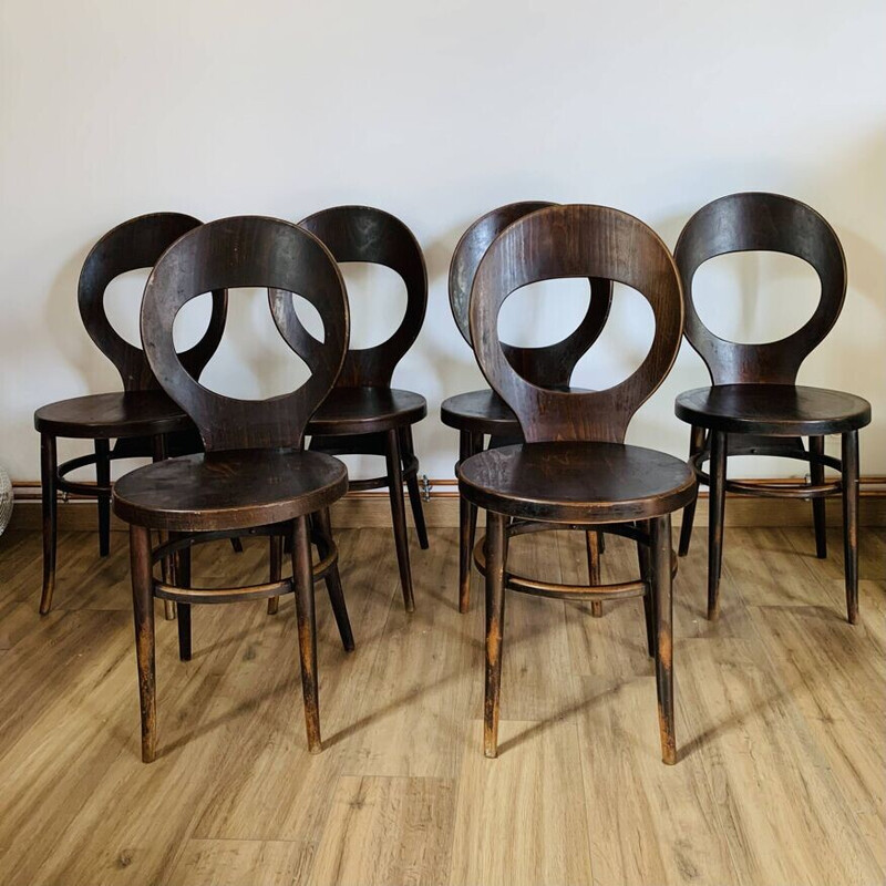 Set of 6 vintage Baumann "seagull" chairs in brown beech and plywood