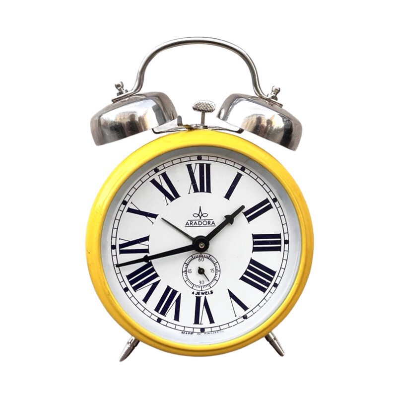 Vintage yellow mechanical alarm clock in chrome steel and glass for Aradora, Romania 1970