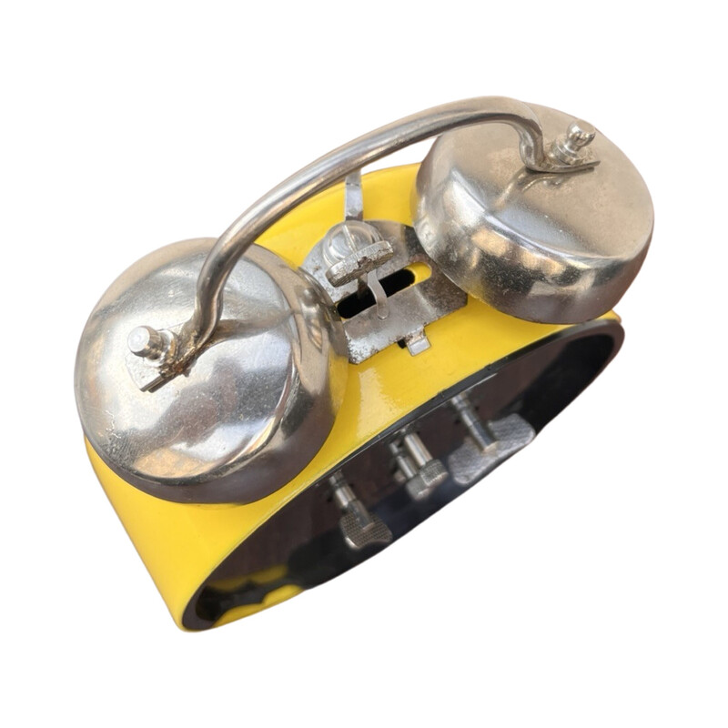 Vintage yellow mechanical alarm clock in chrome steel and glass for Aradora, Romania 1970