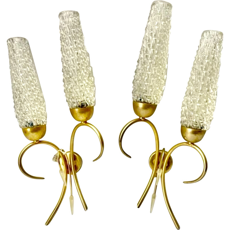 Pair of vintage glass and brass wall lamp, France 1950