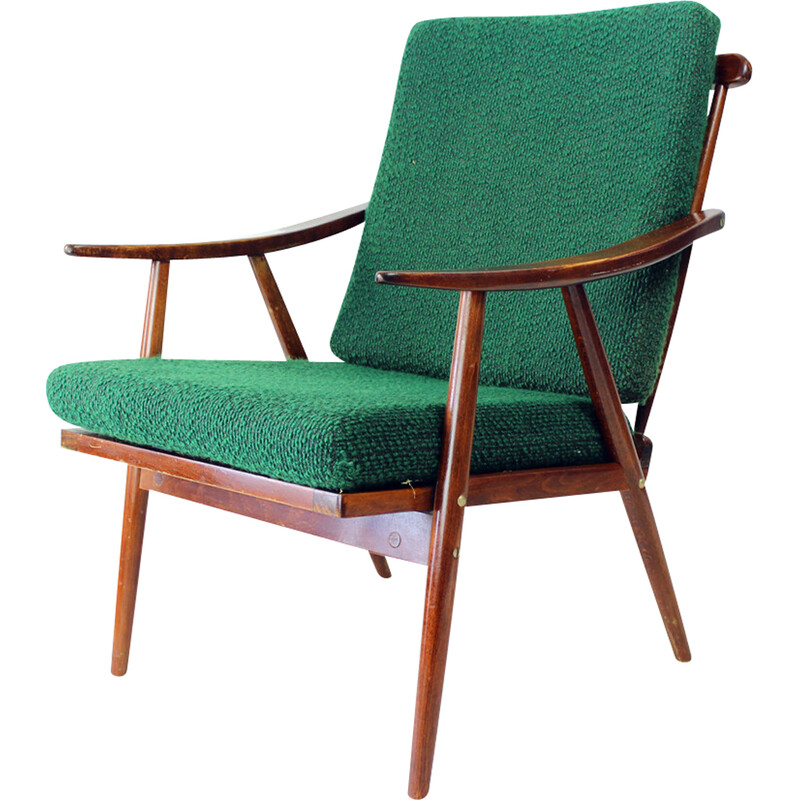 Vintage Boomerang armchair in wood and fabric for Ton, Czechoslovakia 1960