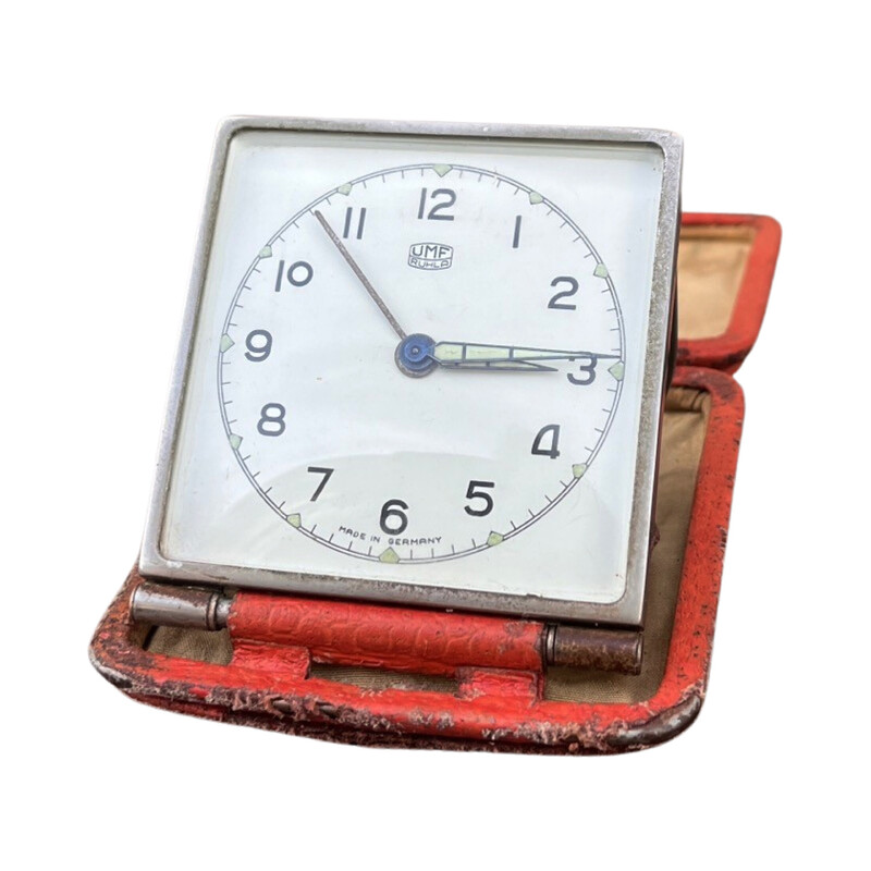 Reloj despertador de viaje mecánico vintage de latón para Umf Ruhla, Alemania 1960