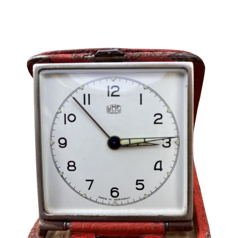 Vintage brass mechanical travel alarm clock for Umf Ruhla, Germany 1960