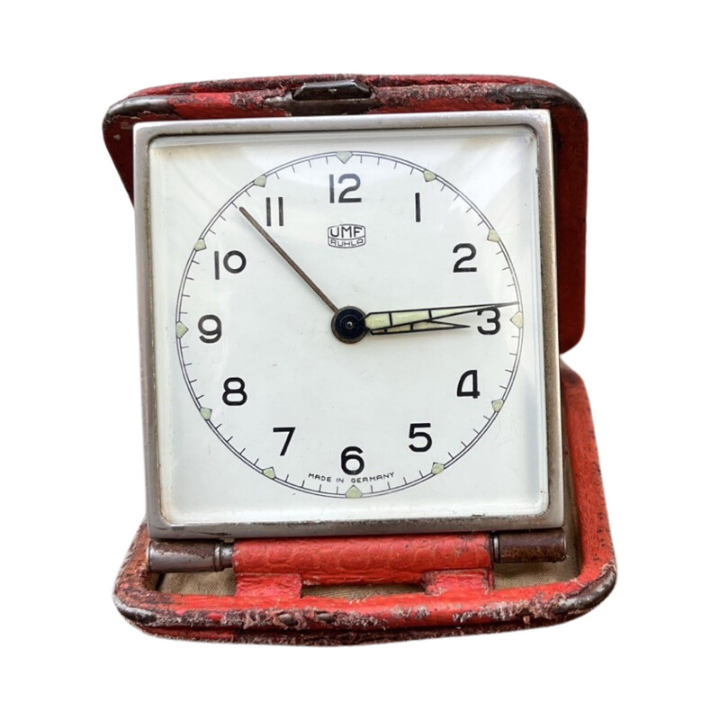 Vintage brass mechanical travel alarm clock for Umf Ruhla, Germany 1960