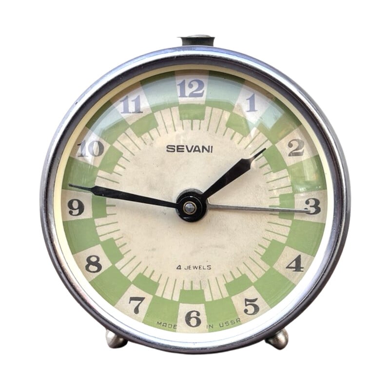 Vintage mechanical alarm clock in metal and glass for Sevani, USSR 1960