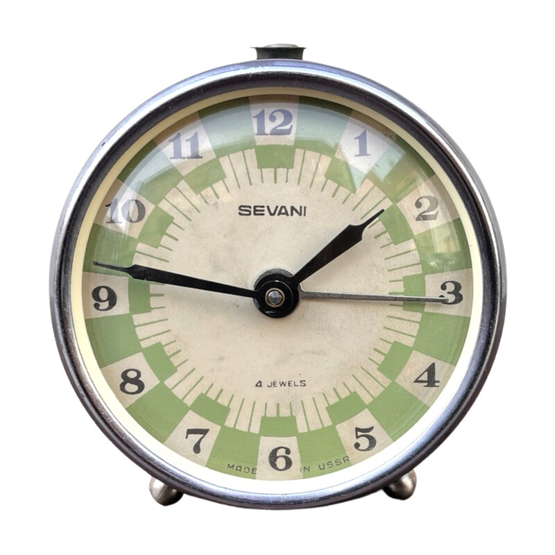 Reloj despertador mecánico vintage de metal y cristal para Sevani, URSS 1960