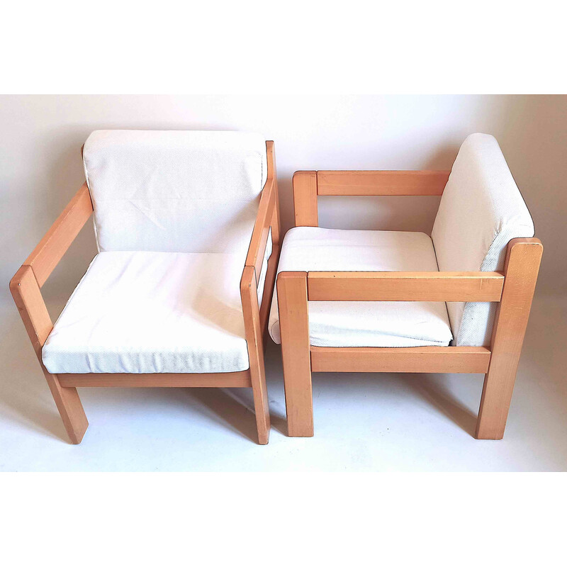 Paire de fauteuils vintage en hêtre massif et tissu blanc par Magne France