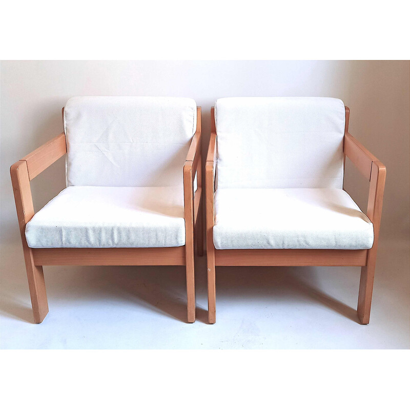 Paar vintage fauteuils in massief beuken en witte stof van Magne France
