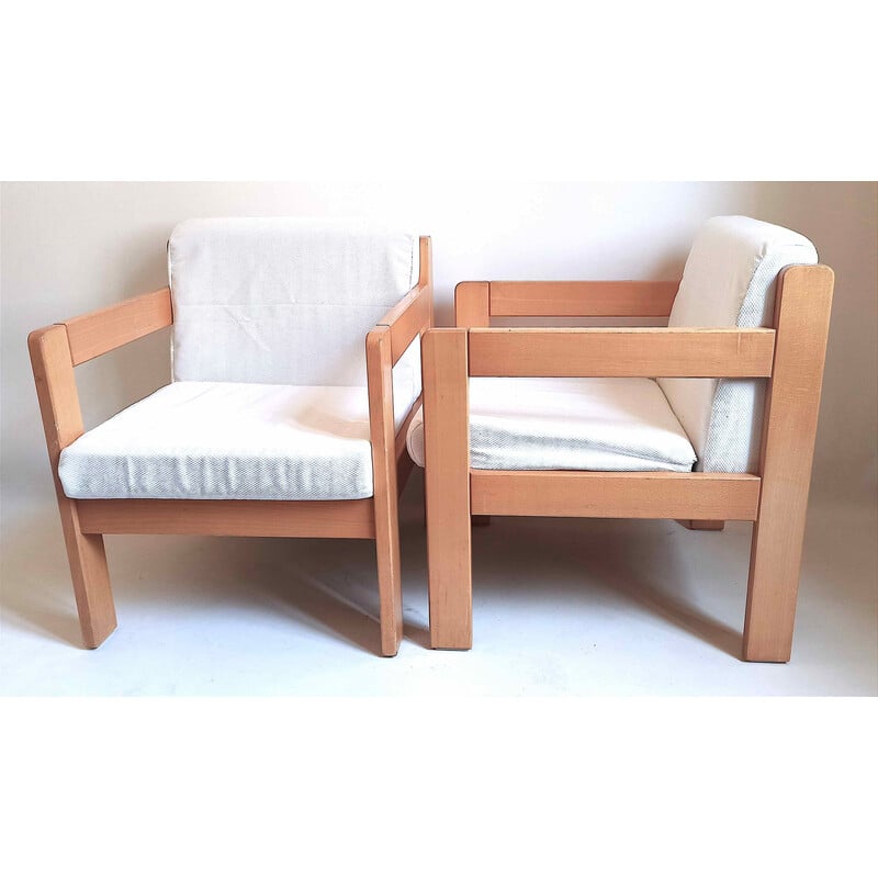 Paar vintage fauteuils in massief beukenhout en witte stof van Magne France