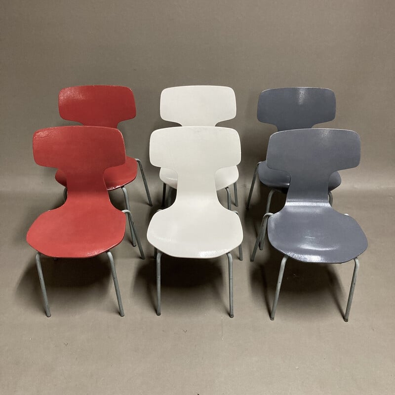 Set of 8 vintage children's chairs in wood and metal by Arne Jacobsen for Fritz Hansen, 1960