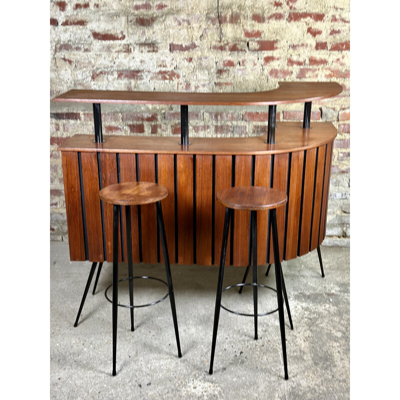 Vintage teak and metal cocktail bar with 2 stools, 1950