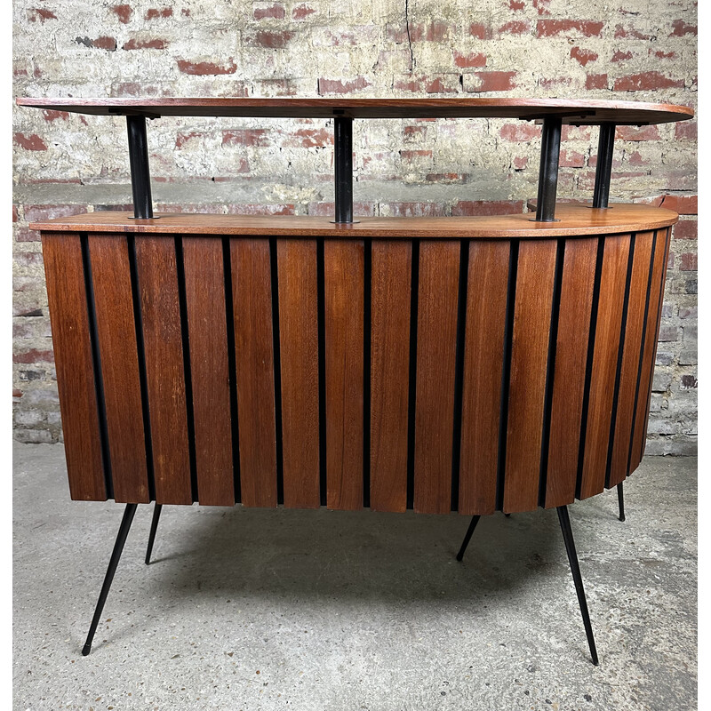 Vintage teak and metal cocktail bar with 2 stools, 1950