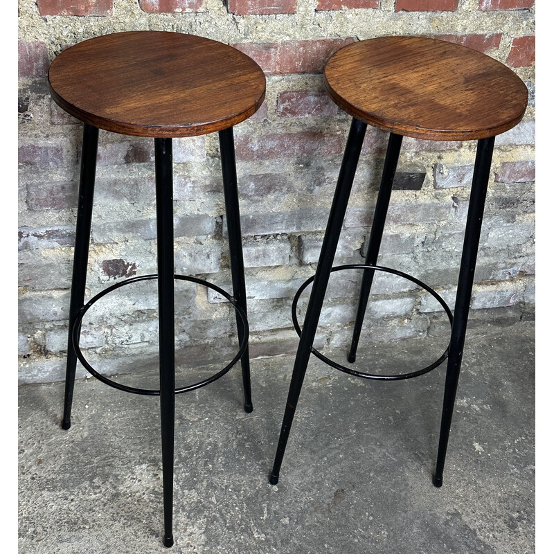 Vintage teak and metal cocktail bar with 2 stools, 1950