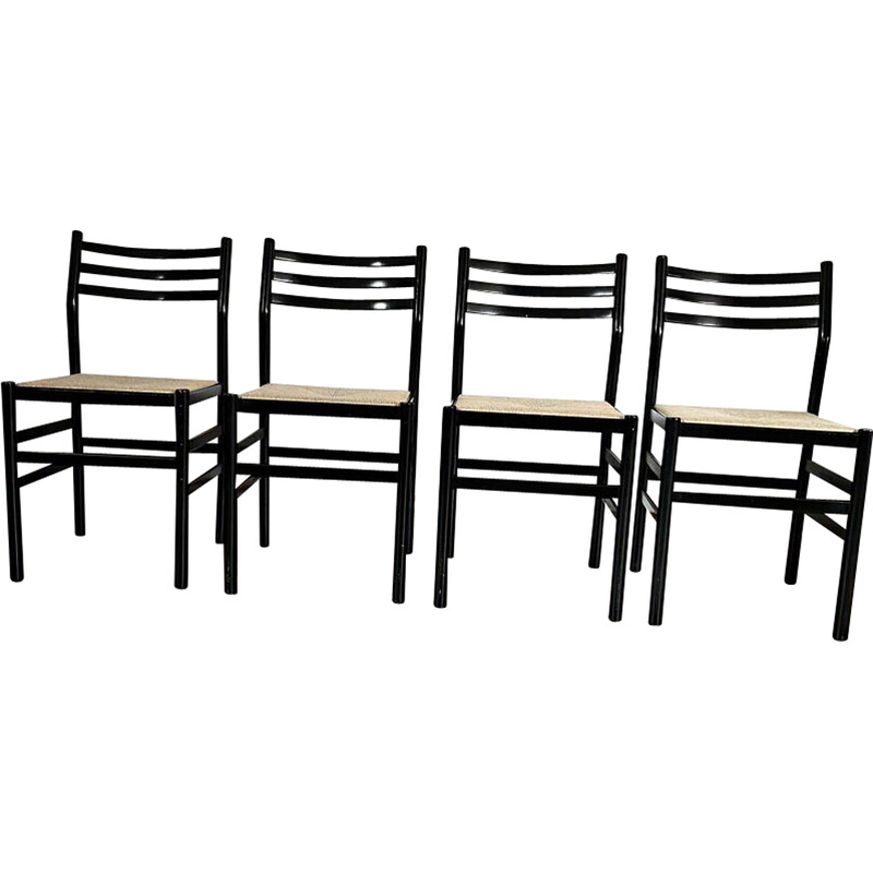 Set of 4 vintage chairs in black lacquered wood and rope, Italy 1970
