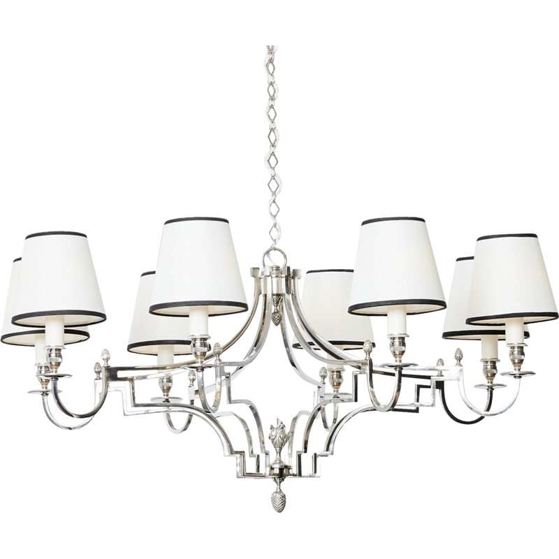Vintage nickel-plated metal chandelier with 8 arms for La Maison Charles, 1960