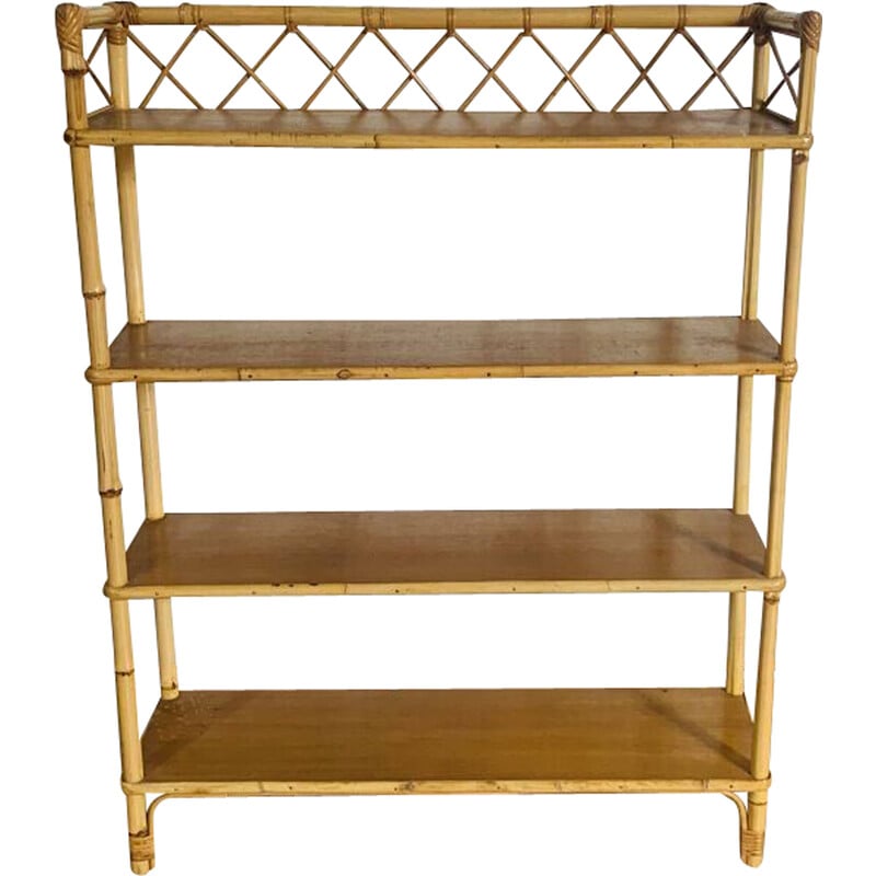 Vintage rattan and wood shelf, 1970