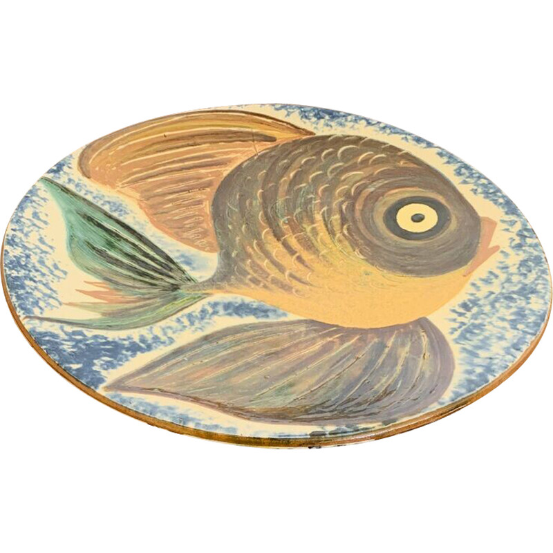 Vintage ceramic dish with fish decoration from Puigdemont, Spain 1960