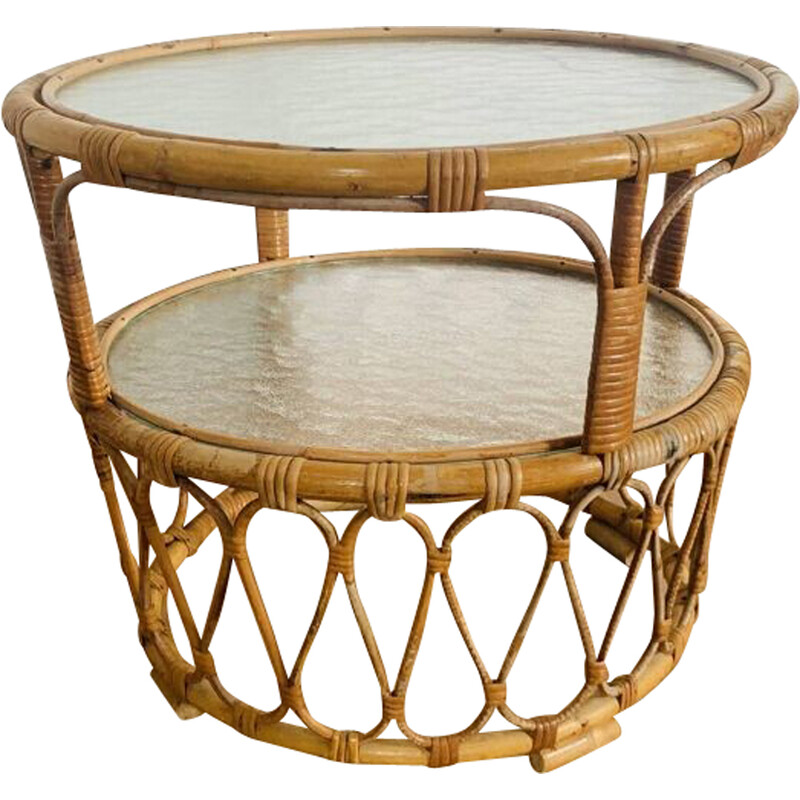 Vintage rattan and glass coffee table for Rohé Noordwolde, 1950