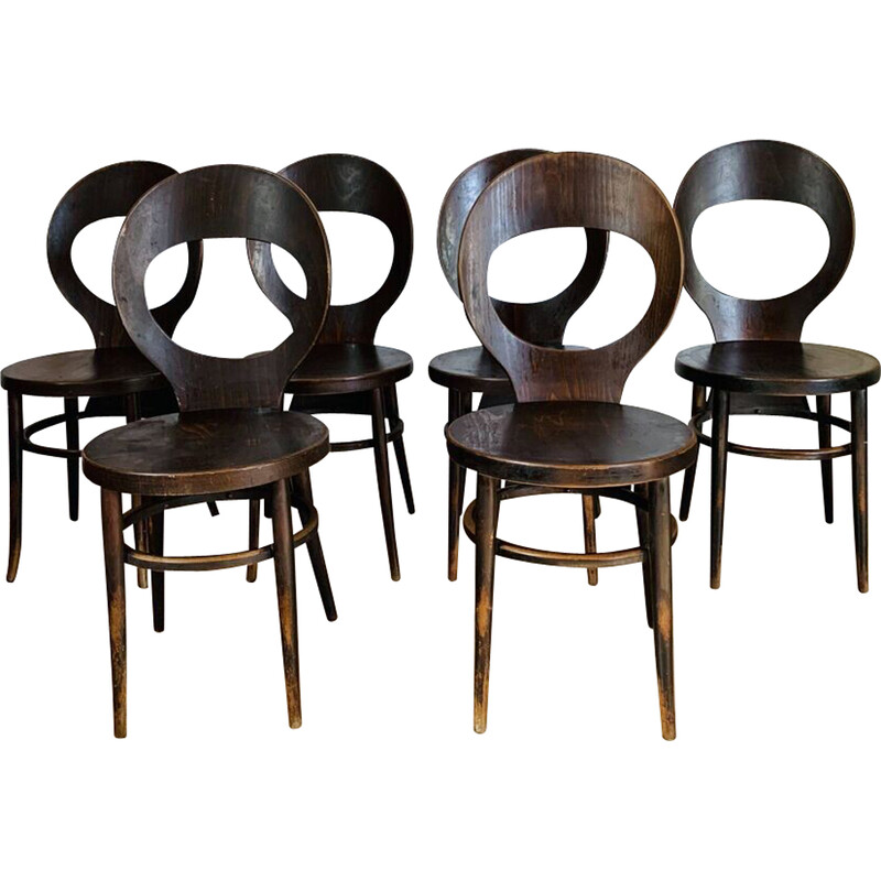 Ensemble de 6 chaises vintage Baumann "mouette" en hêtre marron et contreplaqué