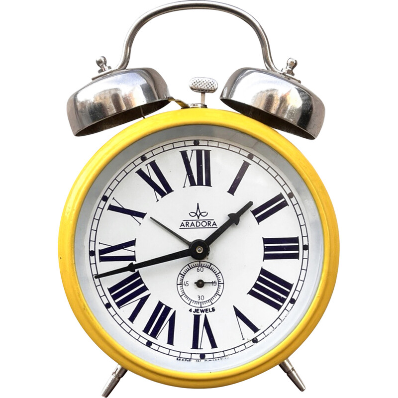 Vintage yellow mechanical alarm clock in chrome steel and glass for Aradora, Romania 1970