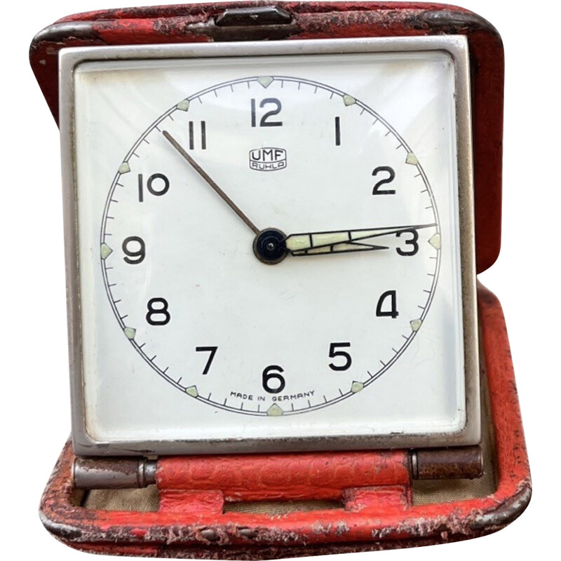 Reloj despertador de viaje mecánico vintage de latón para Umf Ruhla, Alemania 1960