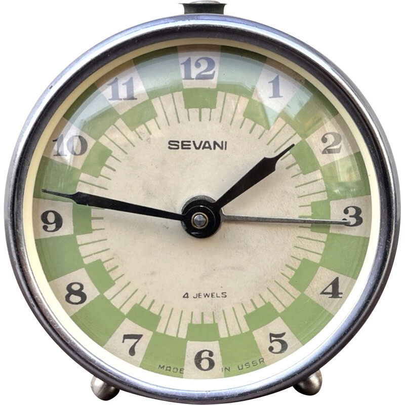 Vintage mechanical alarm clock in metal and glass for Sevani, USSR 1960