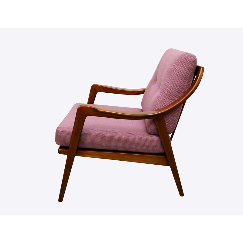 Scandinavian purple armchair in dark wood - 1950s