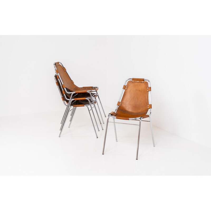 Ensemble de 4 chaises vintage en acier chromé et cuir par Charlotte Perriand pour Dal Vera, Italie 1960