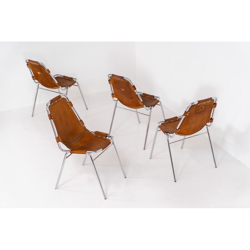 Ensemble de 4 chaises vintage en acier chromé et cuir par Charlotte Perriand pour Dal Vera, Italie 1960