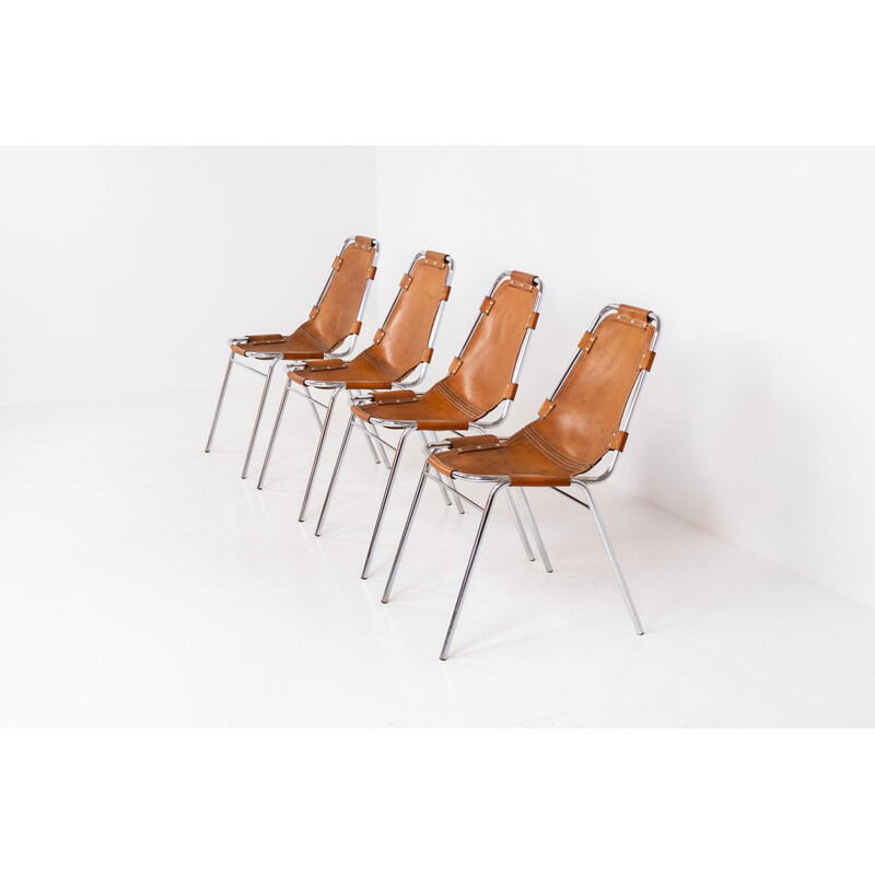 Juego de 4 sillas vintage en acero cromado y cuero de Charlotte Perriand para Dal Vera, Italia 1960