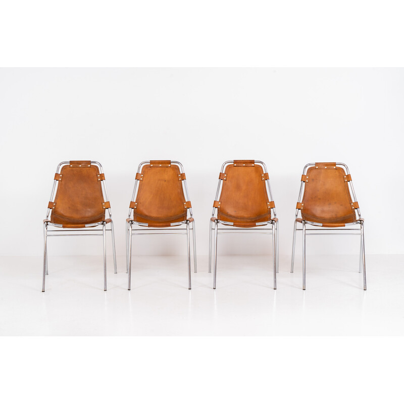 Set of 4 vintage chairs in chrome steel and leather by Charlotte Perriand for Dal Vera, Italy 1960