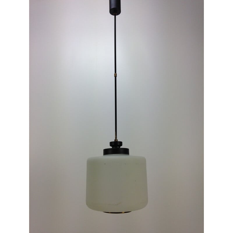 Vintage geblazen melkglas hanglamp voor Stilnovo, Italië 1950