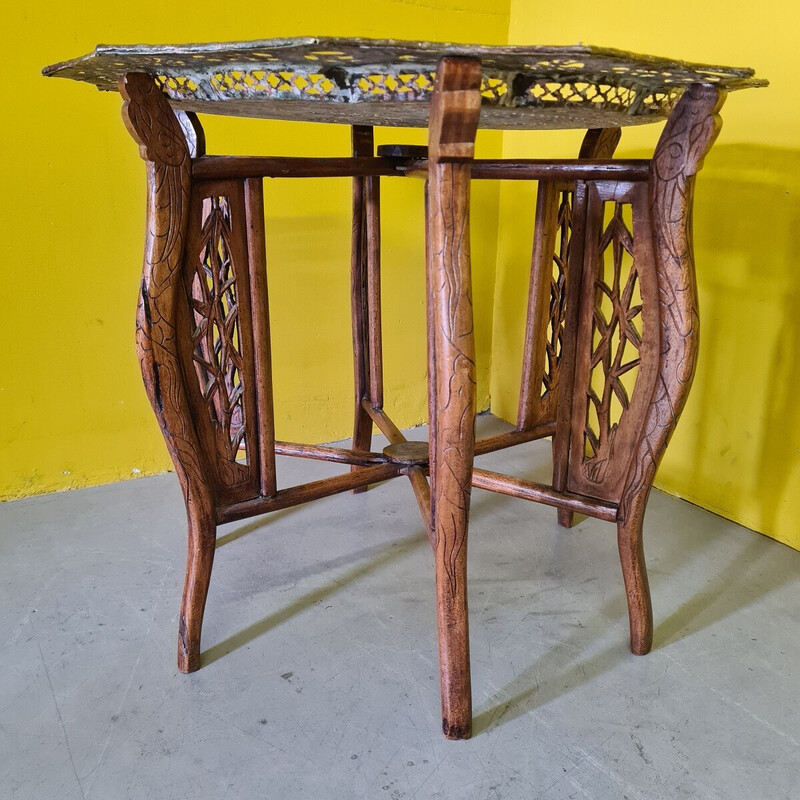 Vintage folding side table in brass and wood, Vietnam 1950
