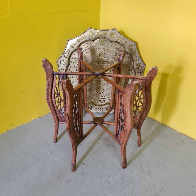 Vintage folding side table in brass and wood, Vietnam 1950