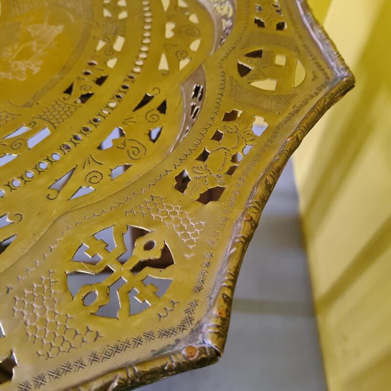 Vintage folding side table in brass and wood, Vietnam 1950