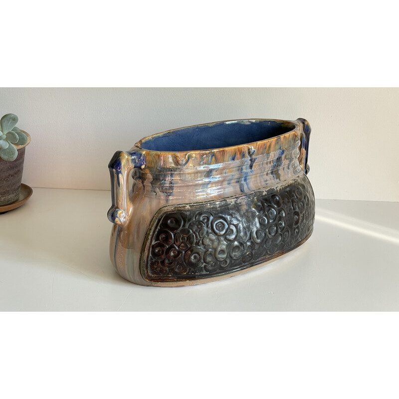 Vintage-Jardinière aus glasierter Keramik mit Schlickerdekor