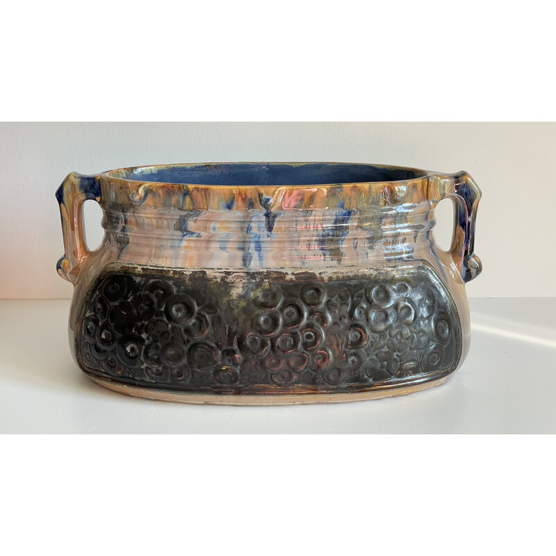 Vaso de cerâmica vintage vidrado com decoração barbotina