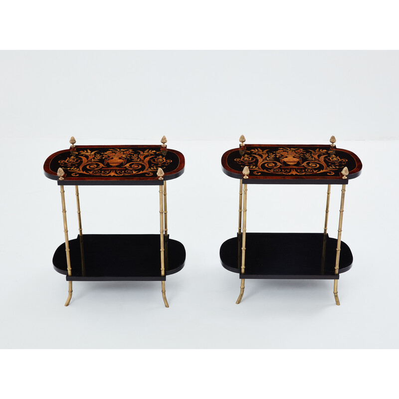 Pair of vintage side tables in blackened pear wood and bronze for La Maison Baguès, 1940