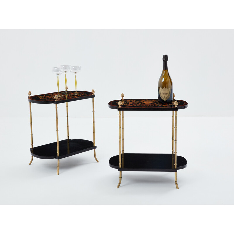 Pair of vintage side tables in blackened pear wood and bronze for La Maison Baguès, 1940