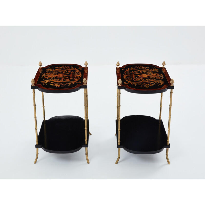 Pair of vintage side tables in blackened pear wood and bronze for La Maison Baguès, 1940