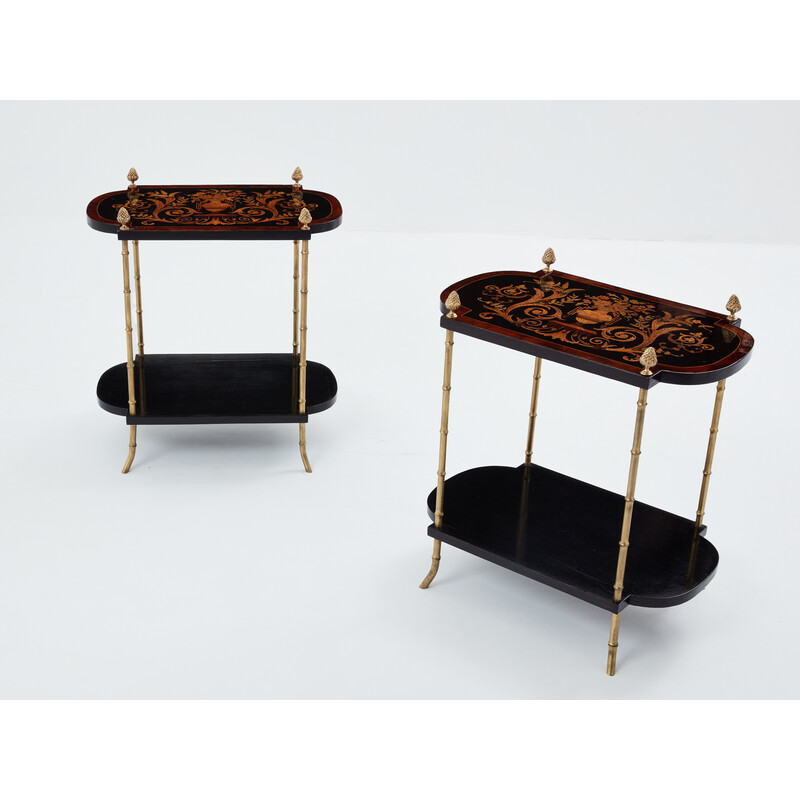 Pareja de mesas auxiliares vintage en madera de peral ennegrecida y bronce para La Maison Baguès, 1940